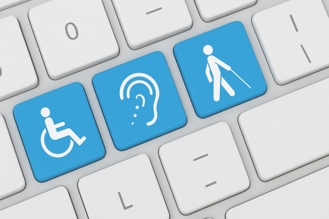 Keyboard with symbols of wheelchair, deaf, and blind.